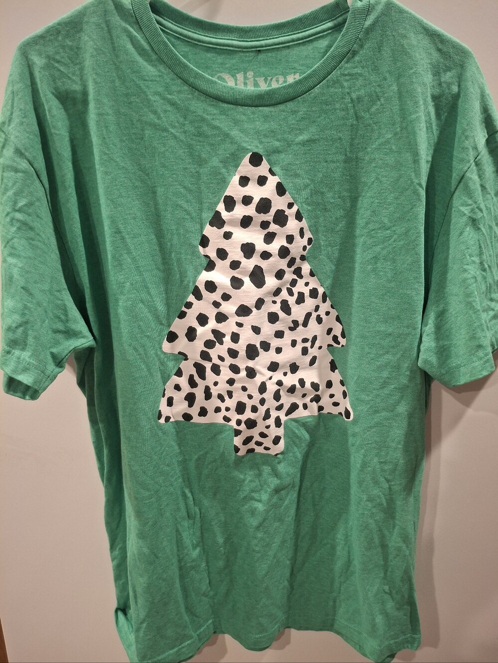 Green Graphic Tee with White & Black Tree Print